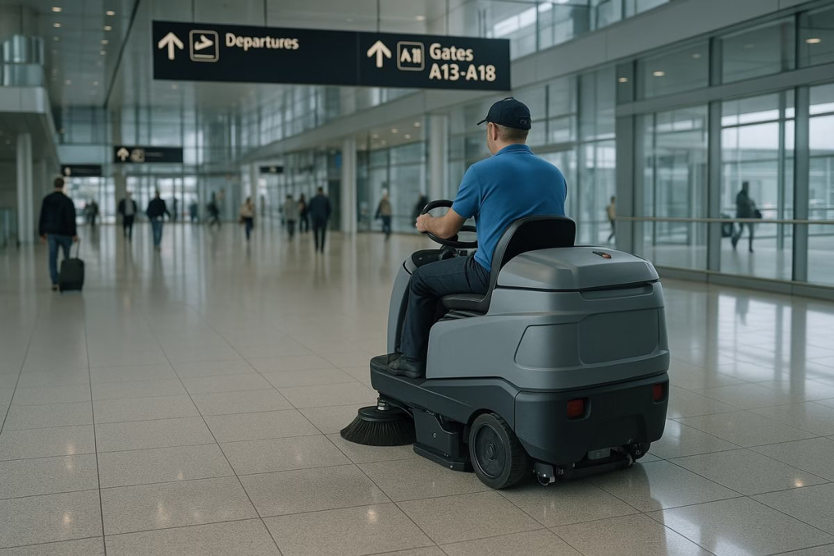 mesin ride on sweeper di bandara atau teminal