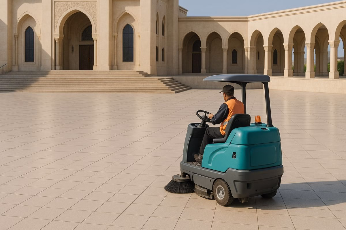 rental mesin ride on sweeper untuk masjid dan convention hall