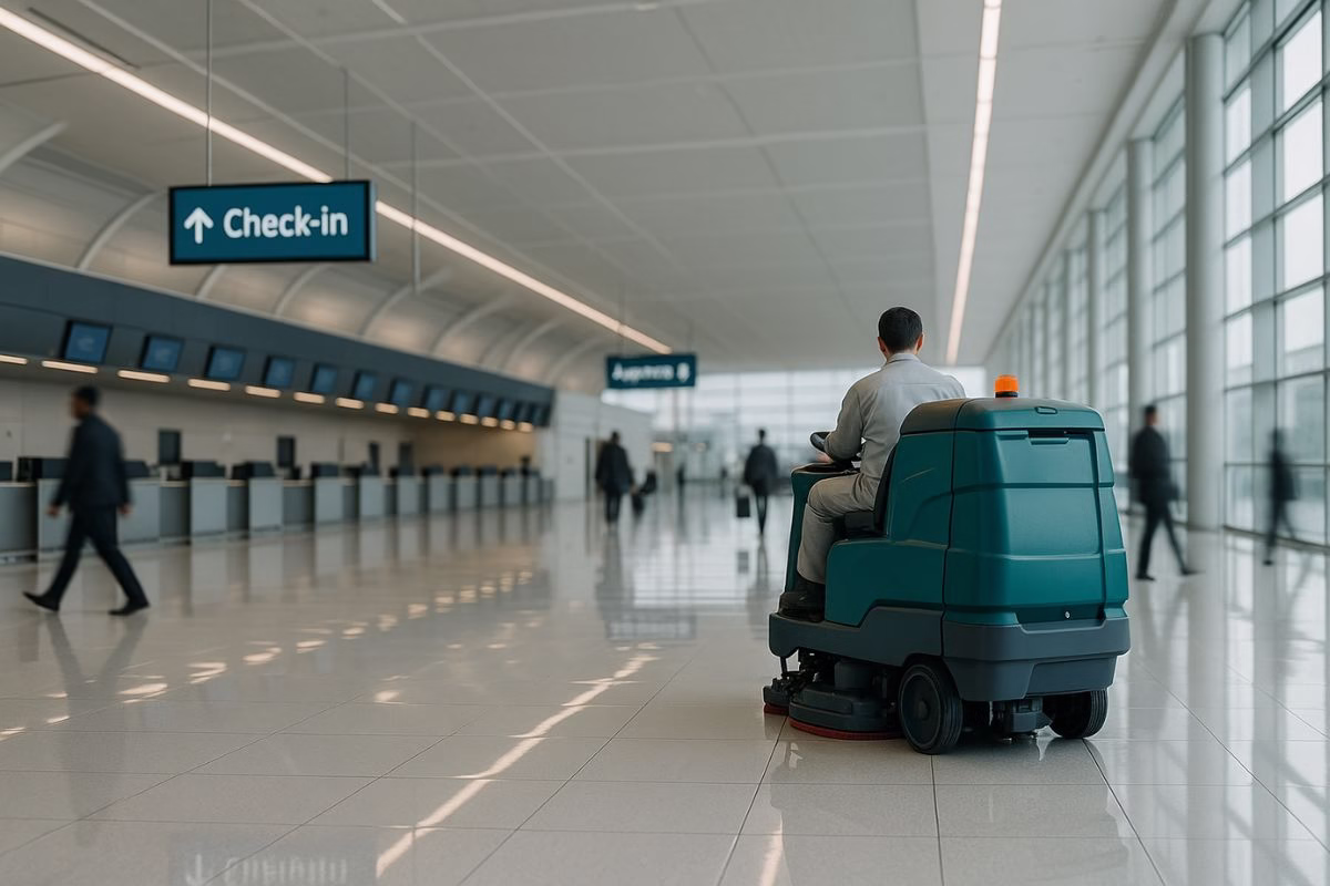 sewa mesin ride on scrubber untuk bandara, stasiun dan terminal